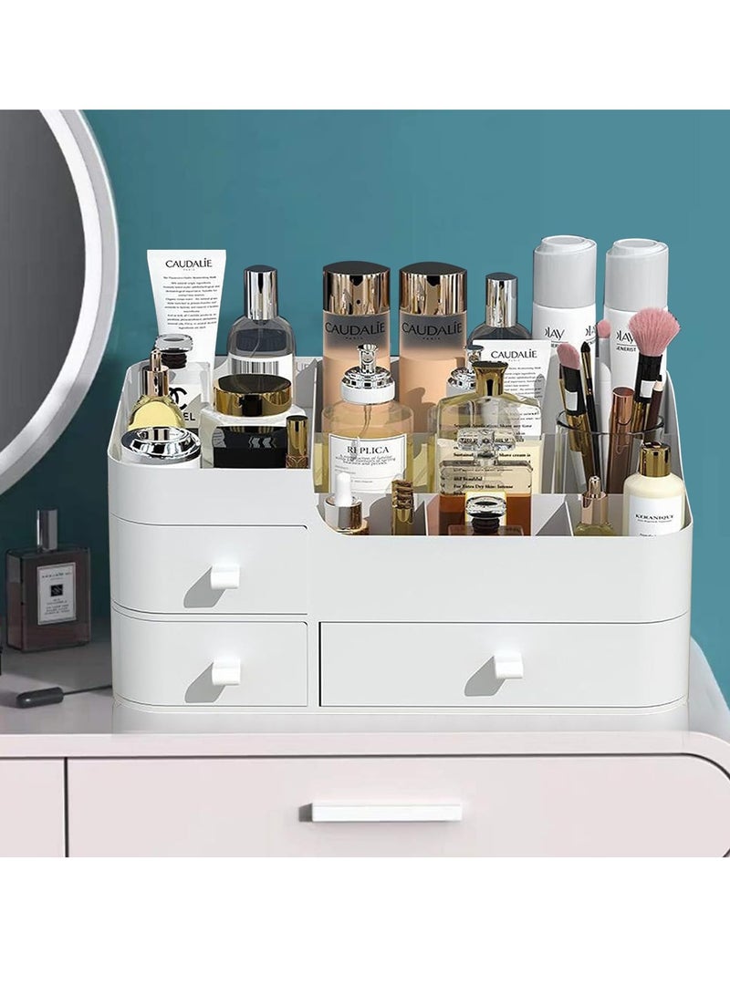 خاجول منظم المكياج، صندوق تخزين منظم مستحضرات التجميل مع درج، حقيبة أنيقة للزينة للحمام وغرفة النوم واللوازم المكتبية (أبيض) - Image 3