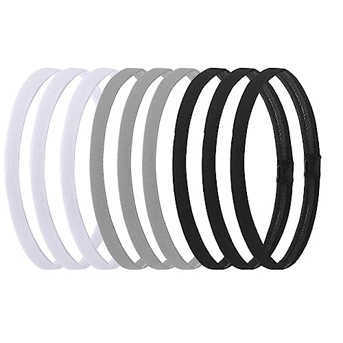 Hexchasty 9pcs Elastic Thin Headbands, Stretchy Skinny Sports Athletic Hair Bands for Women Men Girls Boys Teen - Black, White, Gray - Image 1