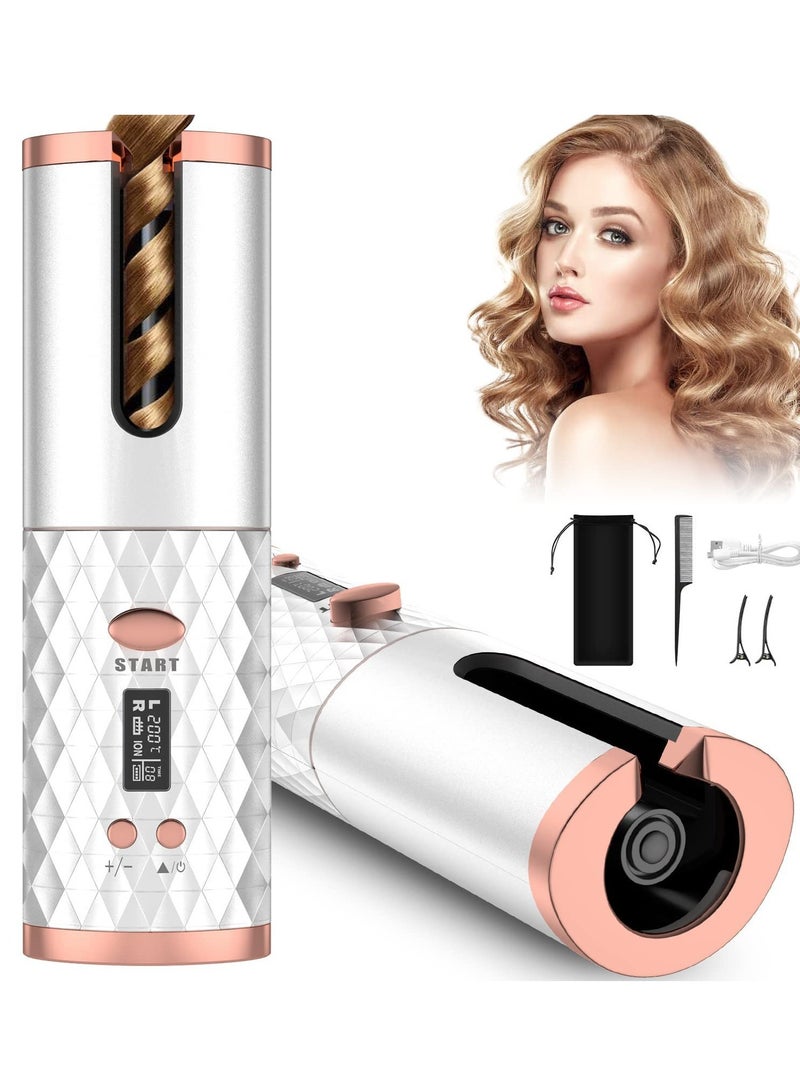 عربست مكواة تجعيد أوتوماتيكية ، مكواة تجعيد كهربائية محمولة مع شاشة LCD ، أدوات تصفيف قابلة لإعادة الشحن وعصا تجعيد سريعة التسخين ، عصا تمويج أسطواني من السيراميك للاستخدام المنزلي والسفر (أبيض) - Image 1