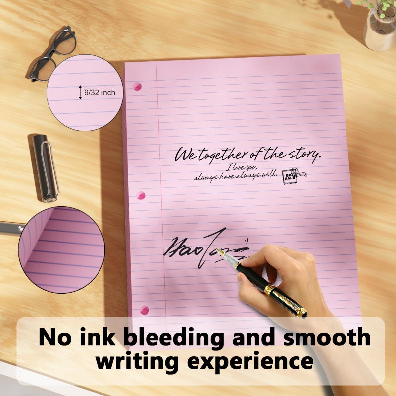 AILZFEI Pink Loose Leaf Paper 100 Sheets Colored Filler Paper 8 * 10.5 College Ruled 3-Hole Punched Paper for 3-Ring Binders Notebook Lined 8" x 10.5" - Image 4