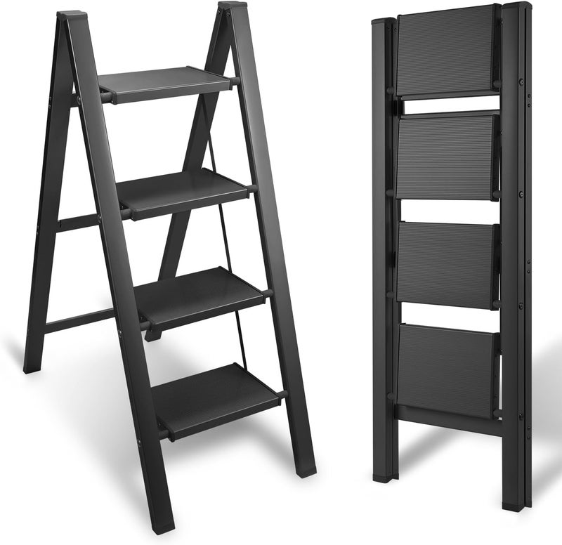Step Ladder – Folding Step Stool – 4-Step Anti-Slip Pedals, Lightweight Metal Frame, Supports 330 lbs, Space-Saving Design, Ideal for Home, Kitchen, Garage, or Indoor Use - Image 1