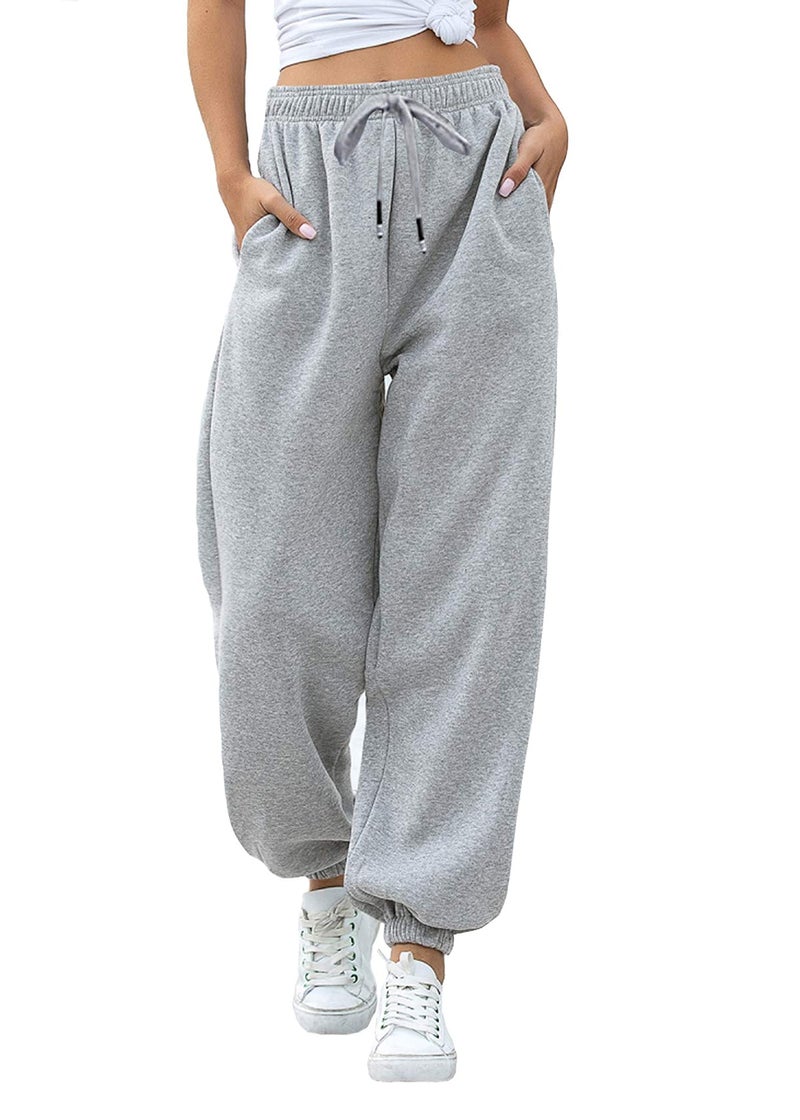 VINMEN Cinch Bottom Sweatpants Pockets High Waist Sporty Gym Athletic Fit Jogger Workout Pants for Women Lounge Trousers Gray M - Image 1