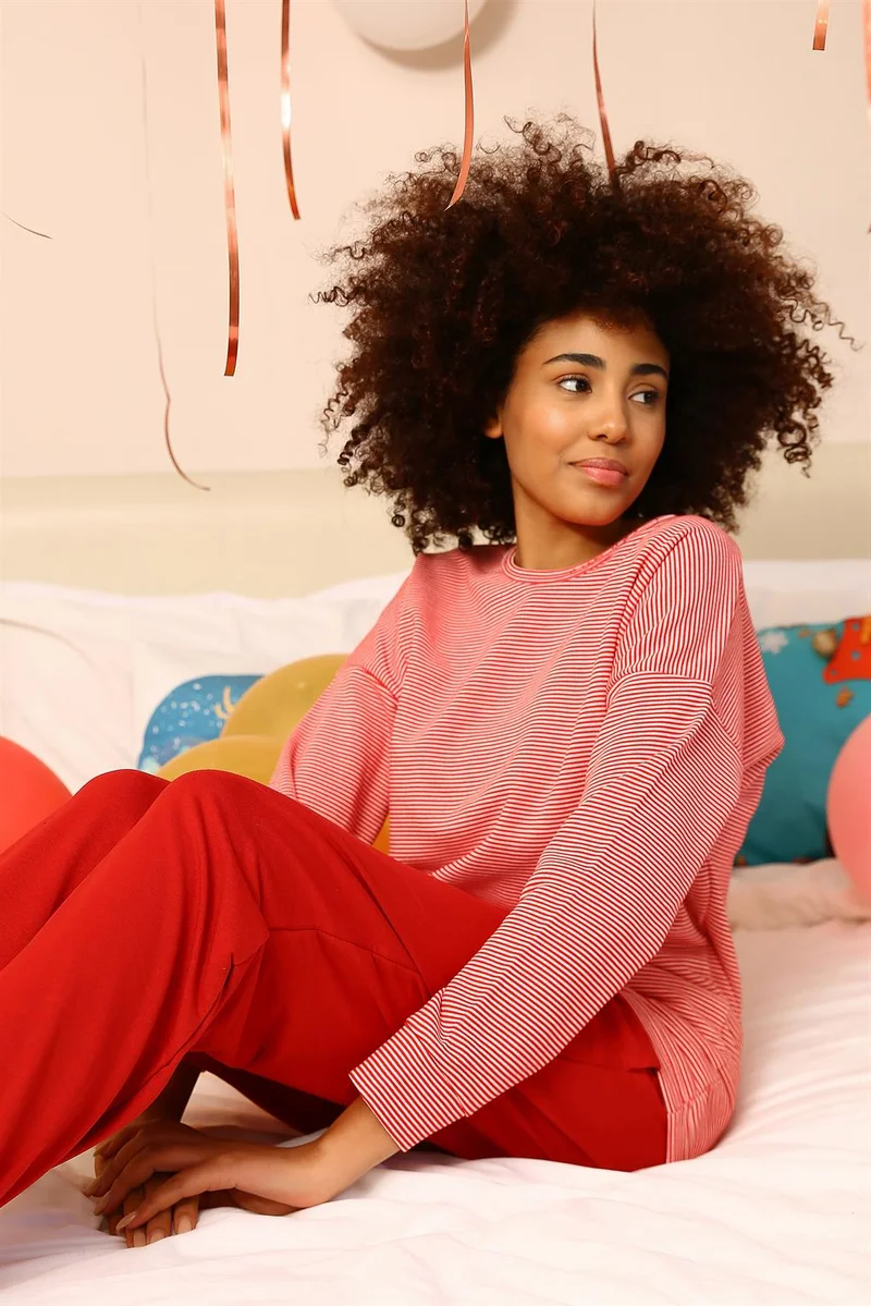 اكبينيز Women's Long Sleeve 3 Yarn Combed Cotton Pajama Set 4184