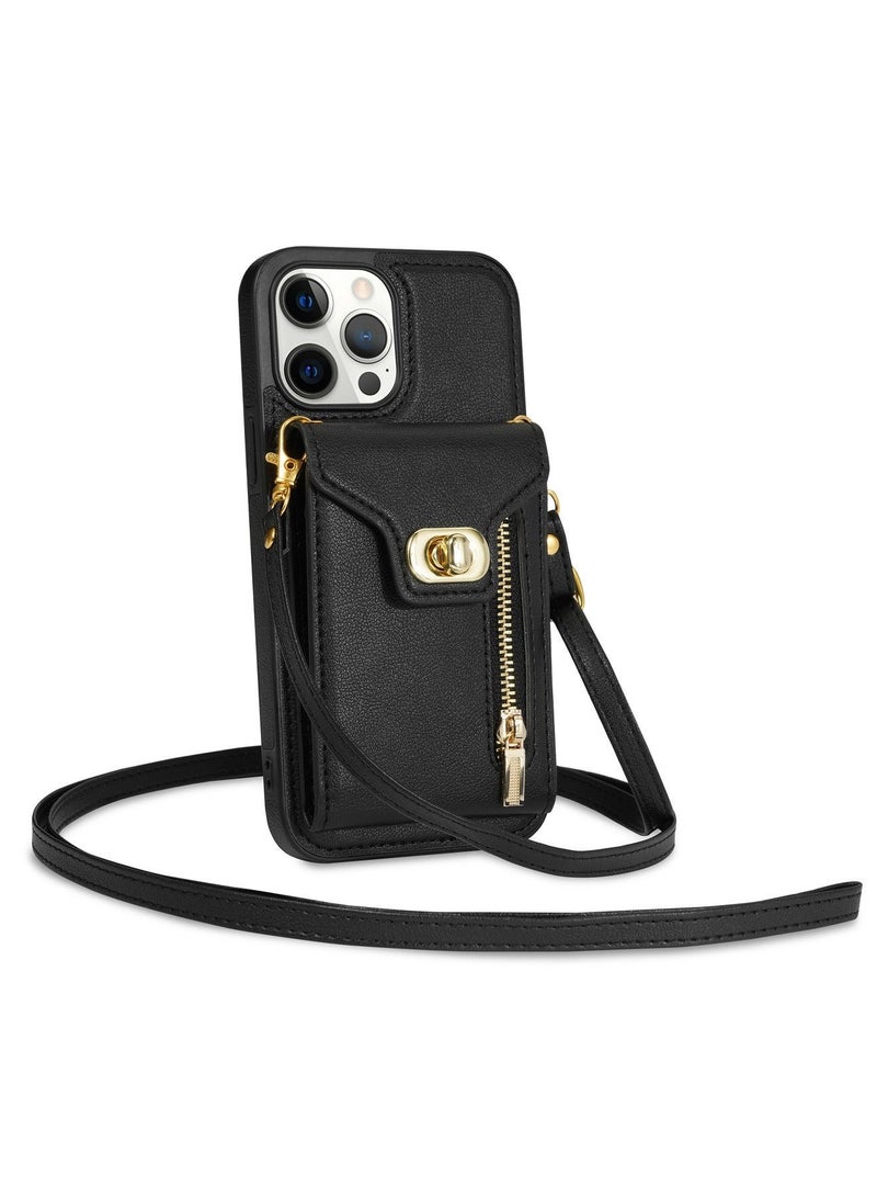 TEAM LUXURY Crossbody Wallet Case for iPhone 15 Pro Max Back Cover with RFID Blocking Card Slot Phone Holder, Magnetic Flip Purse Case Protector PU Leather Zipper Handbag with Lanyard Strap  - Image 1