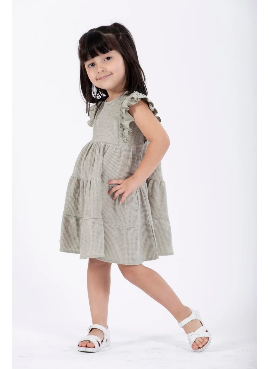 Zepkids Cagla Green Color Girl Waffle Dress with Ruffled Sleeves