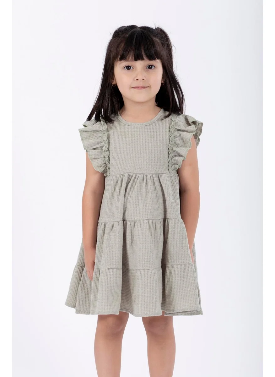 Zepkids Cagla Green Color Girl Waffle Dress with Ruffled Sleeves