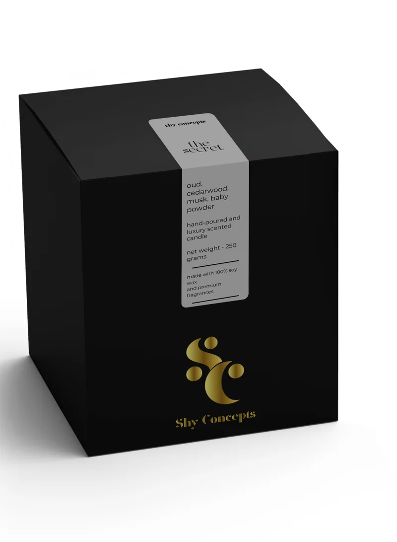 Shy Concepts Premium Scented Candle Handmade with Natural Soy Wax for Aromatherapy, Stress Relief, Relaxation, Gift, Home Decor| Oud, Cedarwood, Baby Powder, and Musk| 250 grams| White Candle Jar|