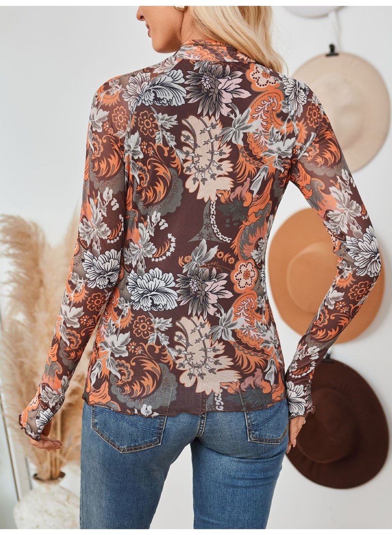 general Dealmore Lace Sheer Long Sleeve Floral Mesh Mockneck Trendy Cute Going Out Tops for Women Fall Fashion Outfits 2025-2026 Clothes - Image 2