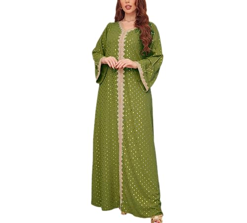 FPOVFPO Womens Muslim Abaya Dress One-Piece V Neck Bronzing Dress Islamic Full Length Kaftan Daily Casual Dress Army Green - Image 1