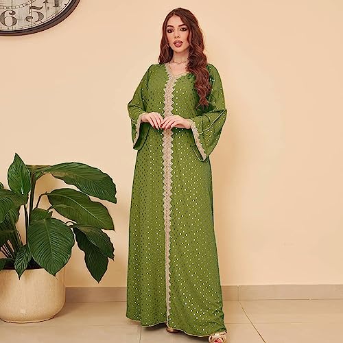 FPOVFPO Womens Muslim Abaya Dress One-Piece V Neck Bronzing Dress Islamic Full Length Kaftan Daily Casual Dress Army Green - Image 2