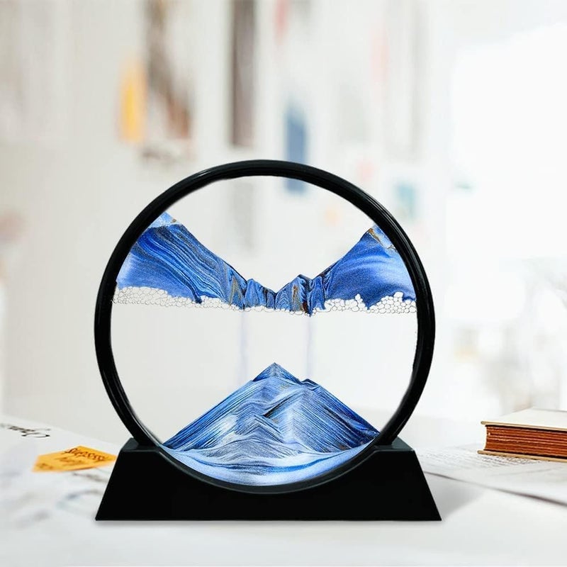 ARUP Moving Sand Art Liquid Motion 3D Deep Sea Sandscape Color Quicksand Decor Round Glass Moving Sand Art Picture Relaxing Desktop Home Office Work Decor 7 inchBlue - Image 1