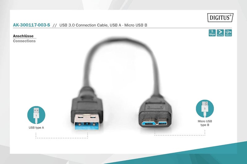DIGITUS Assmann USB 3.0 Connection Cable USB A - Micro USB B Male/Male 0.25 m USB 3.0 Compliant UL Black - Image 3