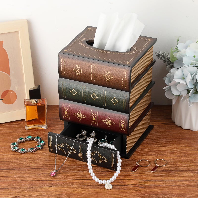 Hoowen Antique Wooden Book Tissue Holder with Storage Drawer, Square Tissue Box Cover Decorative Tissue Dispenser Case Retro Vintage Library Decor for Table Desk Bathroom Living Room Office - Image 2