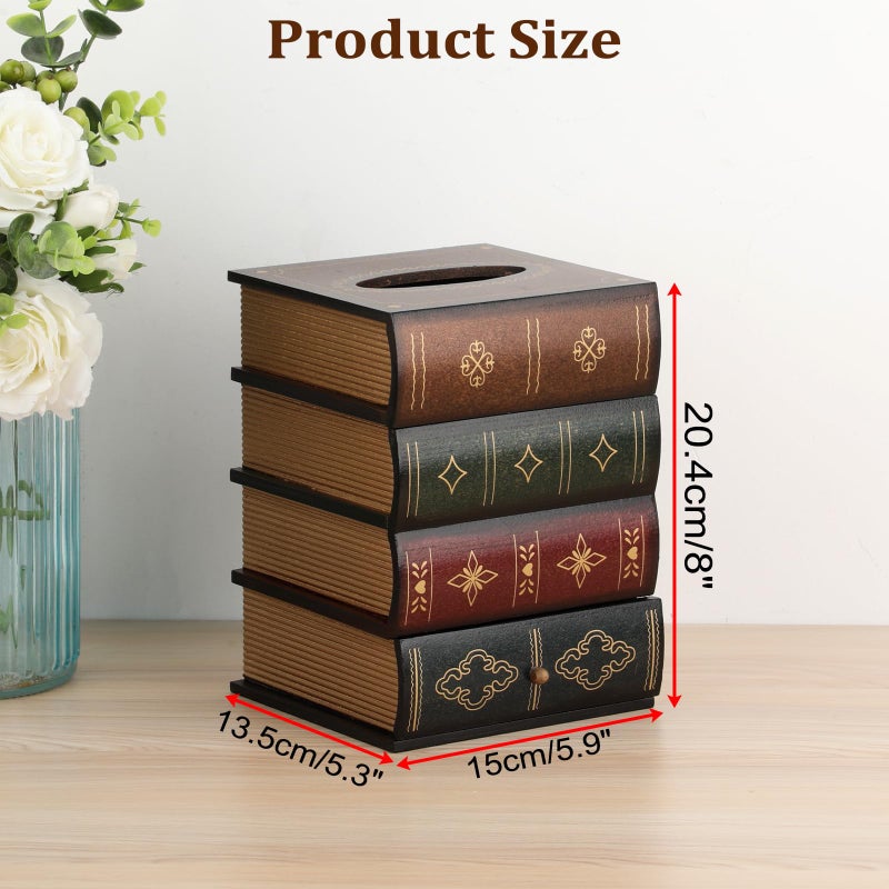 Hoowen Antique Wooden Book Tissue Holder with Storage Drawer, Square Tissue Box Cover Decorative Tissue Dispenser Case Retro Vintage Library Decor for Table Desk Bathroom Living Room Office - Image 4