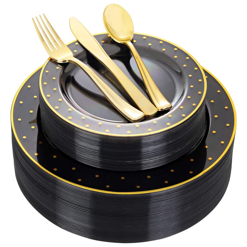 DaYammi 200Pcs Black and Gold Plates Black Plastic Disposable Plates for Party Black Gold Supplies Includes 40 Dinner Plate40 Dessert Plate40 Forks40 Knives40 Spoons for Fathers Day Party