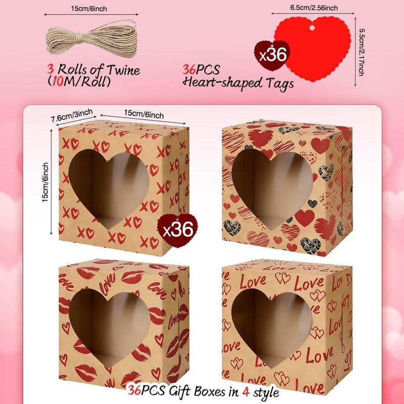 Eforcase 36PCS Cookie Box Gift Kraft Paper Bakery Treat Boxes 6x6x3 Inches Candy Box with Heart Window Cupcake Boxes with Tag Twine Candy Bakery Container for Valentine Weddings Party Favor - Image 3
