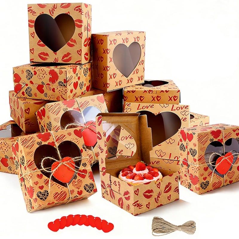Eforcase 36PCS Cookie Box Gift Kraft Paper Bakery Treat Boxes 6x6x3 Inches Candy Box with Heart Window Cupcake Boxes with Tag Twine Candy Bakery Container for Valentine Weddings Party Favor - Image 1