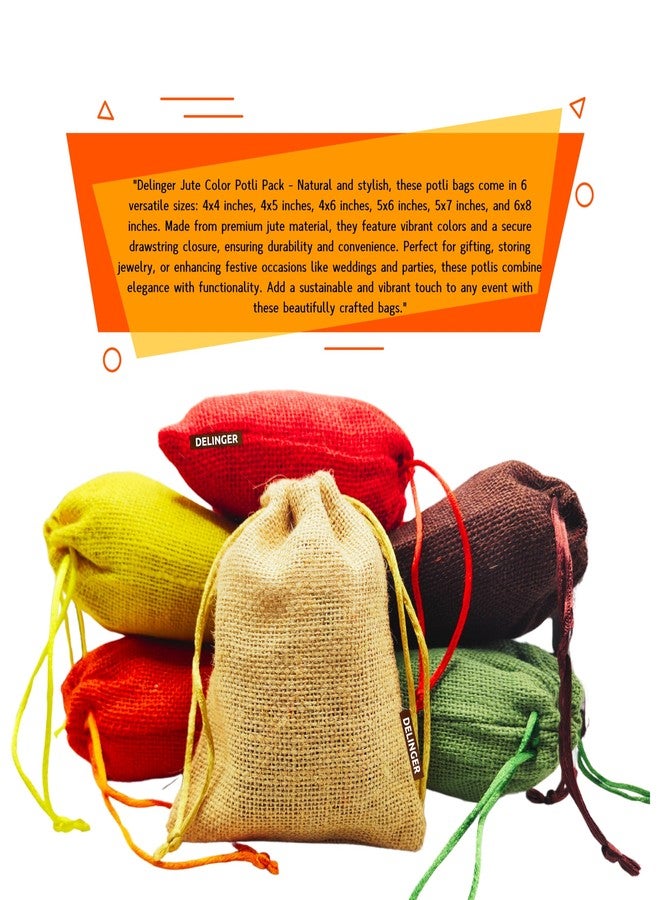 Delinger Jute Drawstring Potli Bags Multi-Color 5x7 Inch Set of 6 – Durable Pouches for Gifting, Jewelry, Party Favors, Wedding Return Gifts, Diwali Hampers, and Festive Packaging - Image 4