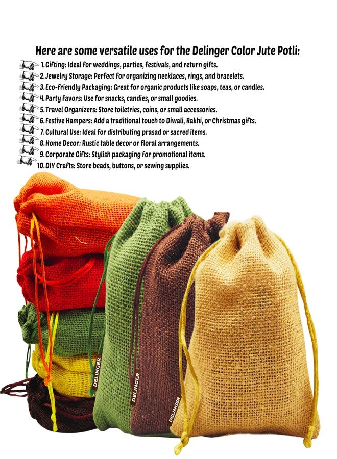 Delinger Jute Drawstring Potli Bags Multi-Color 5x7 Inch Set of 6 – Durable Pouches for Gifting, Jewelry, Party Favors, Wedding Return Gifts, Diwali Hampers, and Festive Packaging - Image 3