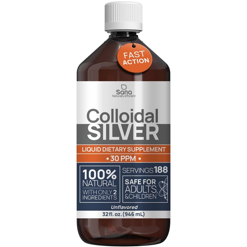 Colloidal Silver Liquid 32 fl oz 30 PPM Bioactive Hydrosol Silver Water Natural Immune Support Nano Sol Supplement Solution Ionic Minerals Organic Structured Silver