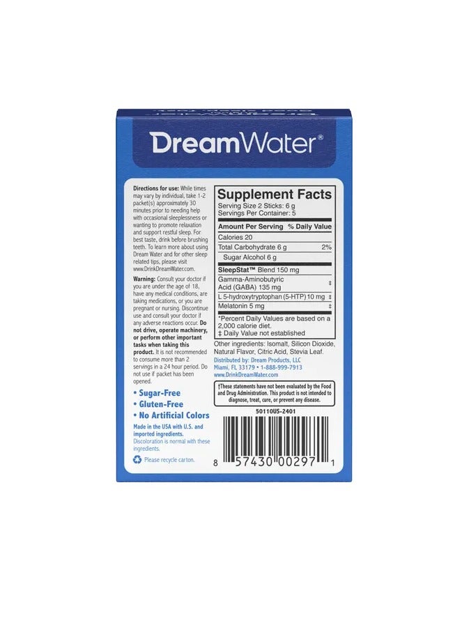 Dream Water Sleep Powder - Sugar-Free, Gluten-Free, Natural Flavors; Blend of 3 Ingredients, GABA, 5mg Melatonin, 5-HPT; Snoozeberry, 10 Pack - Image 5