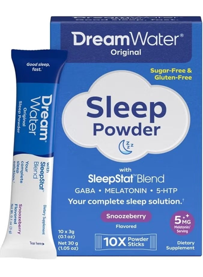 Dream Water Sleep Powder - Sugar-Free, Gluten-Free, Natural Flavors; Blend of 3 Ingredients, GABA, 5mg Melatonin, 5-HPT; Snoozeberry, 10 Pack - Image 1