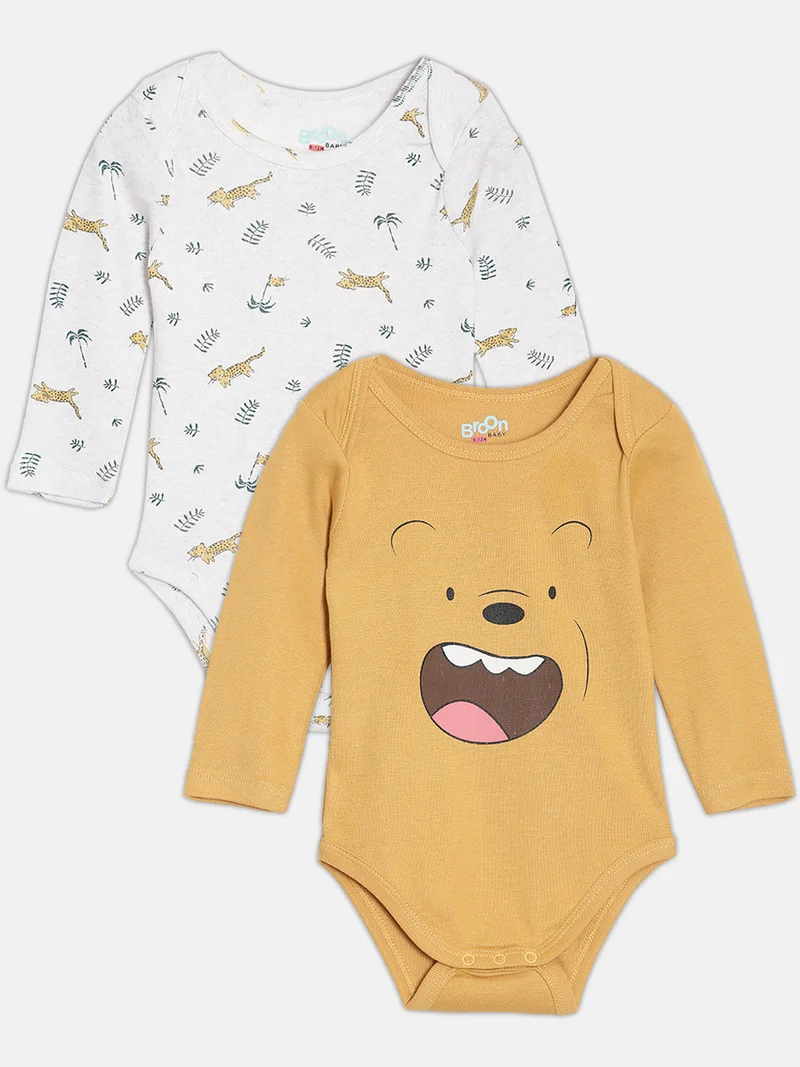 Broon Broon Infant Boys White and Mustard Printed Organic Cotton Full Sleeve Bodysuit