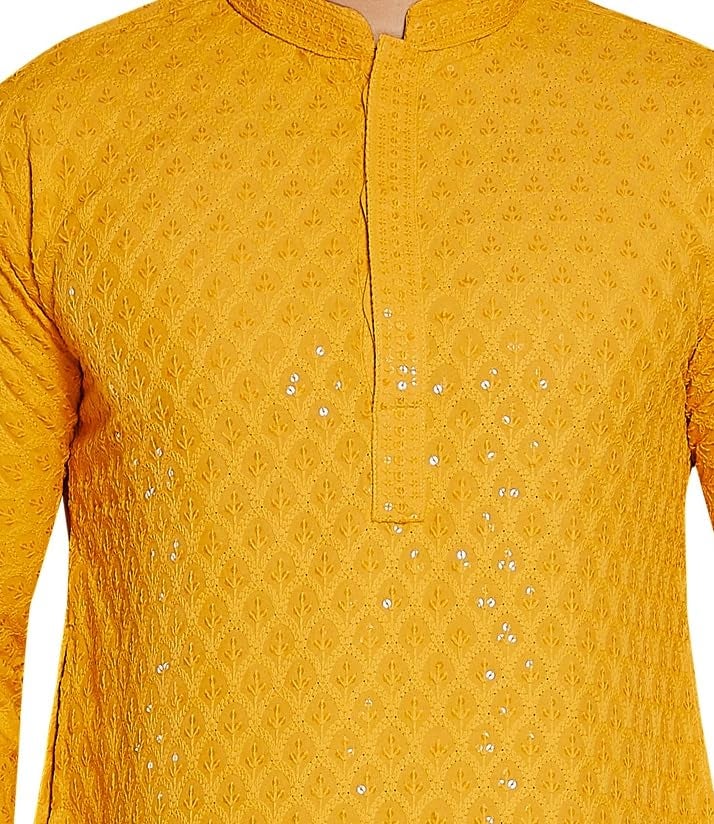 DIVISIVE Men's Sequince Embroidered Cotton Blend Slim Fit Kurta Pyjama Set (DKRT21_XL_Gold) - Image 5