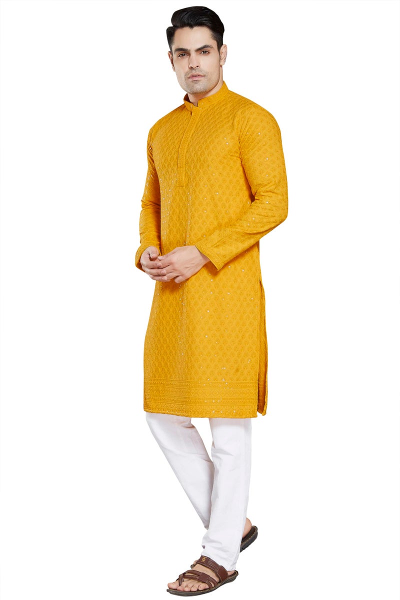 DIVISIVE Men's Sequince Embroidered Cotton Blend Slim Fit Kurta Pyjama Set (DKRT21_XL_Gold) - Image 2