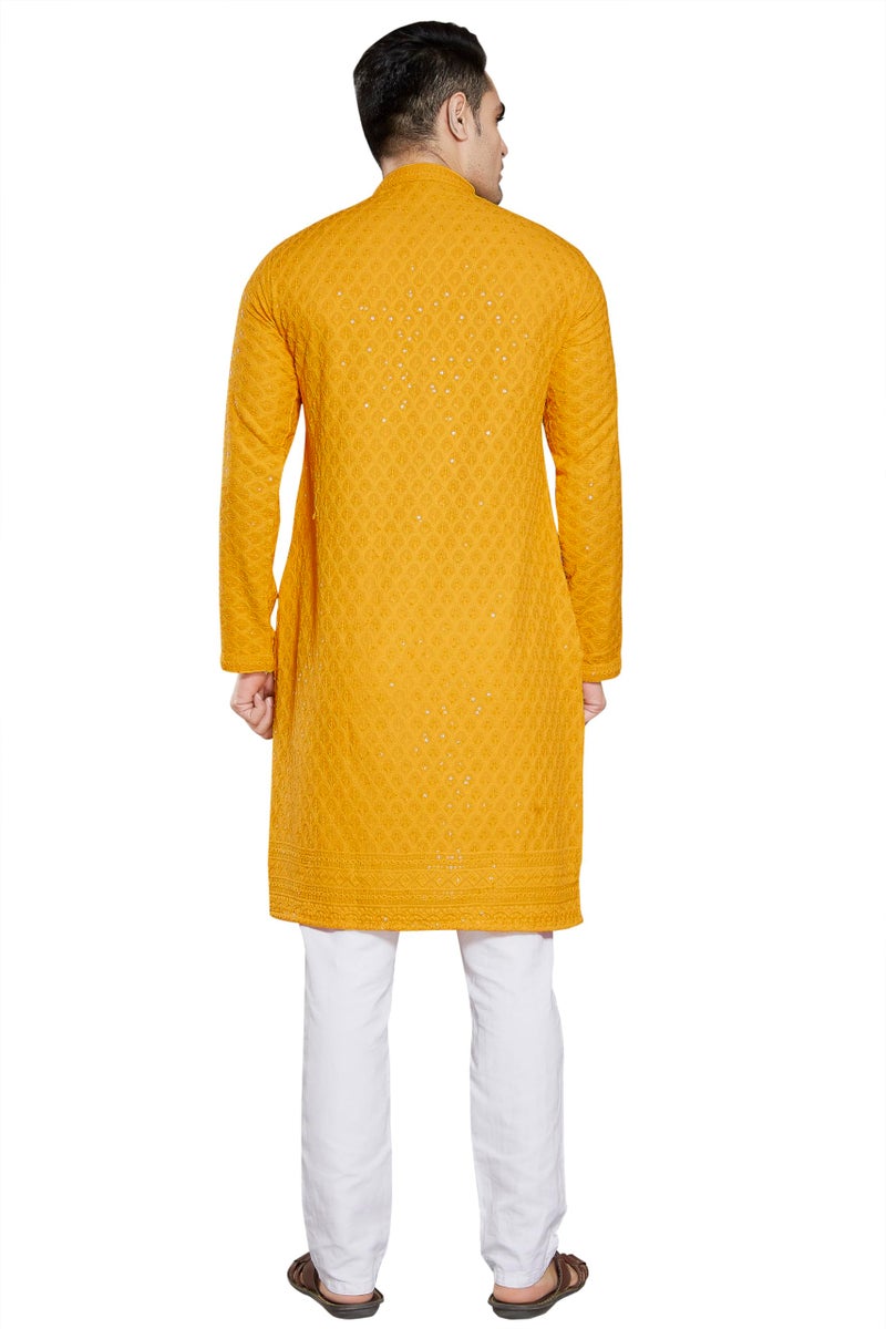 DIVISIVE Men's Sequince Embroidered Cotton Blend Slim Fit Kurta Pyjama Set (DKRT21_XL_Gold) - Image 4