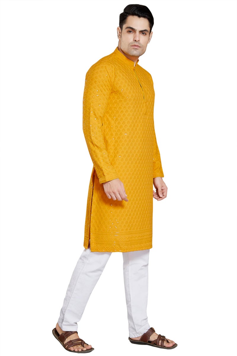 DIVISIVE Men's Sequince Embroidered Cotton Blend Slim Fit Kurta Pyjama Set (DKRT21_XL_Gold) - Image 3