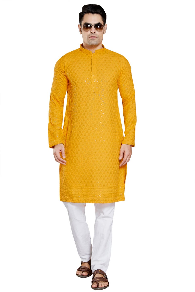 DIVISIVE Men's Sequince Embroidered Cotton Blend Slim Fit Kurta Pyjama Set (DKRT21_XL_Gold) - Image 1
