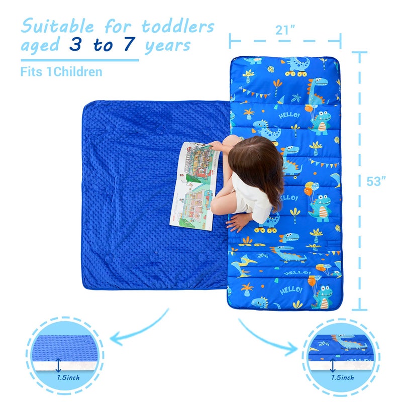 lasoftan Toddler Nap Mat With Pillow And Blanket, Extra Large Rolled Napping Mats,Slumber Bags For Boys Girls,Kids Sleeping Bag For Daycare, 21"" X 50"" Preschool Travel Camping - Blue Dinosaurs - Image 3