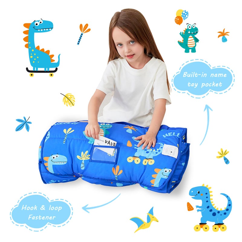lasoftan Toddler Nap Mat With Pillow And Blanket, Extra Large Rolled Napping Mats,Slumber Bags For Boys Girls,Kids Sleeping Bag For Daycare, 21"" X 50"" Preschool Travel Camping - Blue Dinosaurs - Image 4