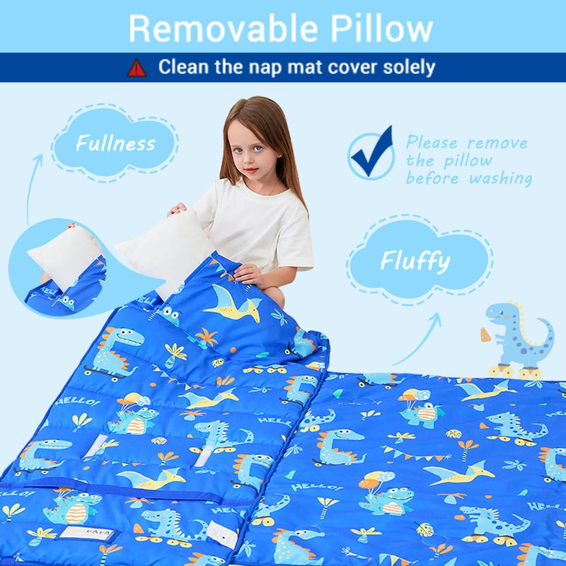 lasoftan Toddler Nap Mat With Pillow And Blanket, Extra Large Rolled Napping Mats,Slumber Bags For Boys Girls,Kids Sleeping Bag For Daycare, 21"" X 50"" Preschool Travel Camping - Blue Dinosaurs - Image 5