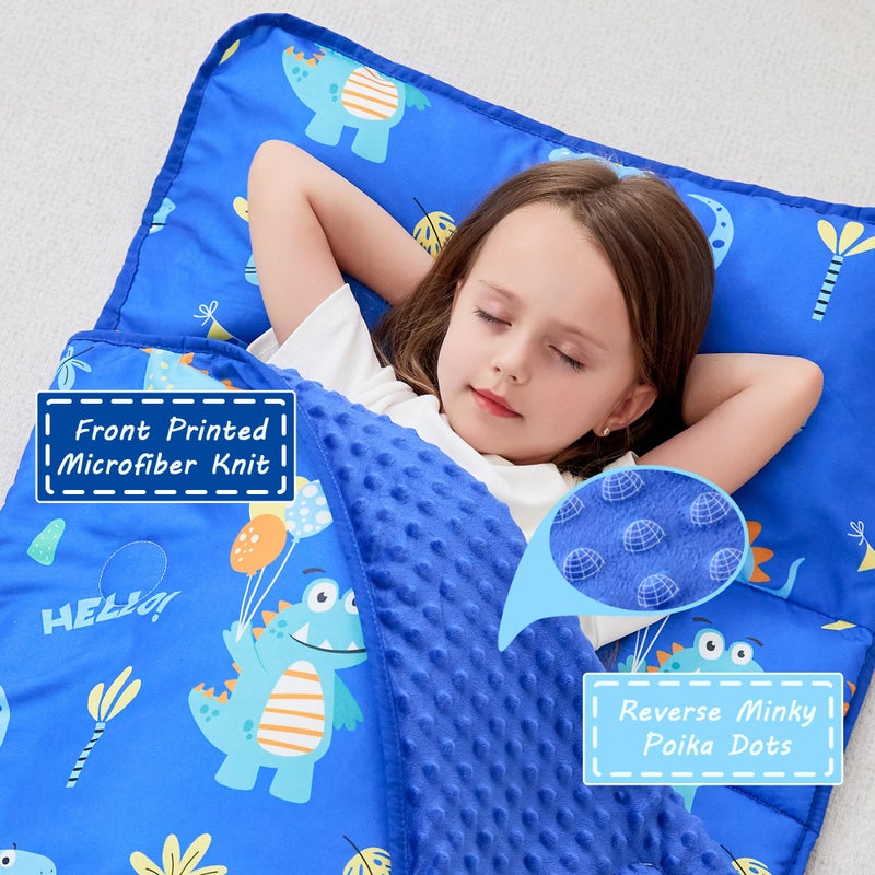 lasoftan Toddler Nap Mat With Pillow And Blanket, Extra Large Rolled Napping Mats,Slumber Bags For Boys Girls,Kids Sleeping Bag For Daycare, 21"" X 50"" Preschool Travel Camping - Blue Dinosaurs - Image 2