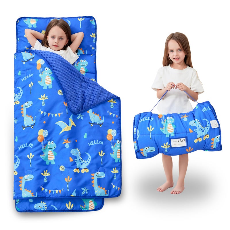 lasoftan Toddler Nap Mat With Pillow And Blanket, Extra Large Rolled Napping Mats,Slumber Bags For Boys Girls,Kids Sleeping Bag For Daycare, 21"" X 50"" Preschool Travel Camping - Blue Dinosaurs - Image 1