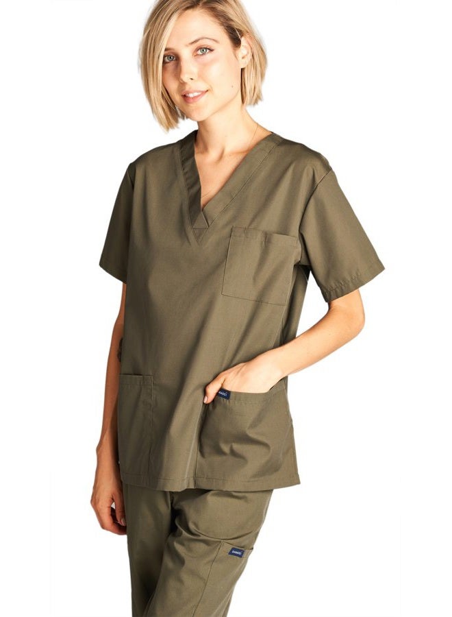 DAGACCI Women's and Men's Medical Scrubs Top and Pants Set, Olive Green, L - Image 4