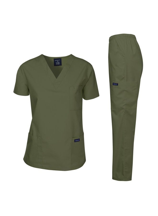 DAGACCI Women's and Men's Medical Scrubs Top and Pants Set, Olive Green, L - Image 1