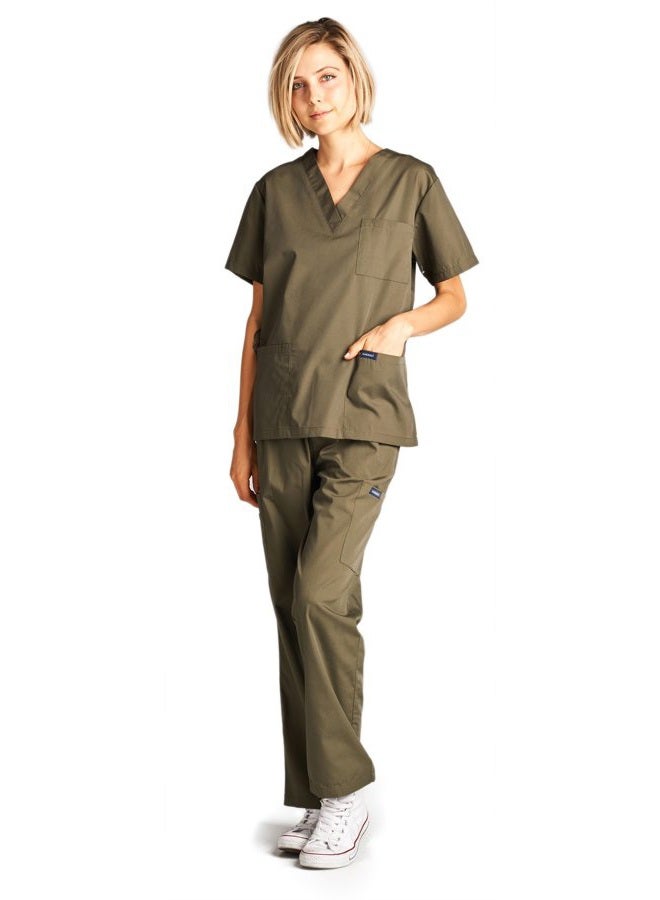 DAGACCI Women's and Men's Medical Scrubs Top and Pants Set, Olive Green, L - Image 2
