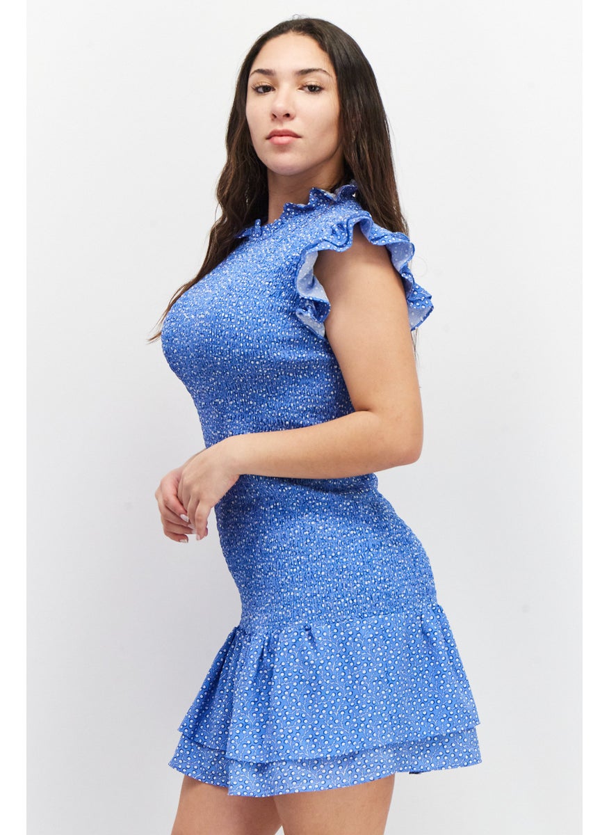 French Connection Women Allover Print Mini Casual Dress, Blue  - Image 3