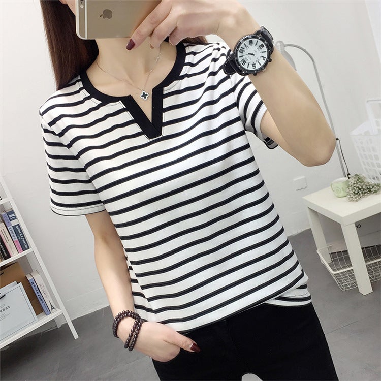 Black And White V-Neck Striped Short-Sleeved T-Shirt Women'S Summer Retro All-Match Chic Top Design Sense Slim Shoulder T-Shirt - Image 1