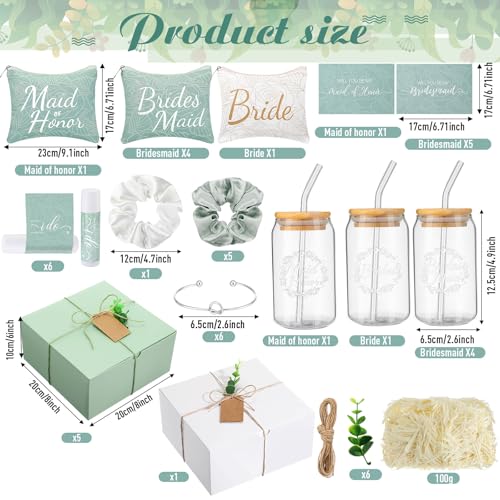 FillTouch 54 Pcs Bridesmaid Proposal Gifts, Maid of Honor Gift Include Wedding Gift Box Makeup Bag Invited Card Glass Cup Lip Balm Scrunchie Bracelet for Bridal Shower Bachelorette Party(Green, White) - Image 3