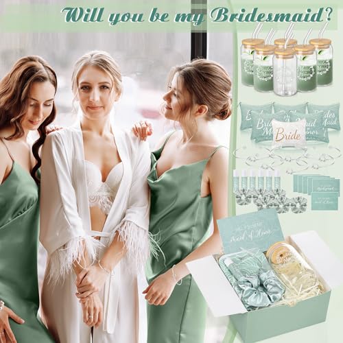 FillTouch 54 Pcs Bridesmaid Proposal Gifts, Maid of Honor Gift Include Wedding Gift Box Makeup Bag Invited Card Glass Cup Lip Balm Scrunchie Bracelet for Bridal Shower Bachelorette Party(Green, White) - Image 5