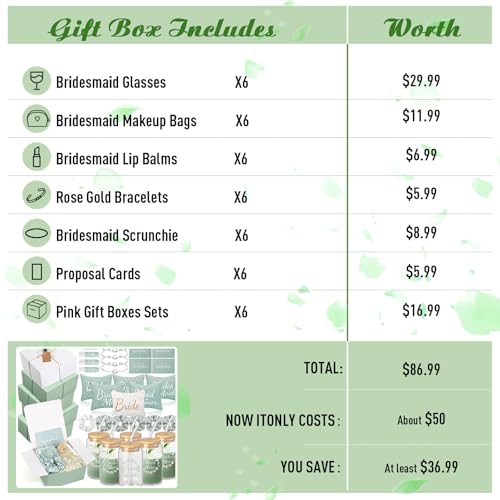FillTouch 54 Pcs Bridesmaid Proposal Gifts, Maid of Honor Gift Include Wedding Gift Box Makeup Bag Invited Card Glass Cup Lip Balm Scrunchie Bracelet for Bridal Shower Bachelorette Party(Green, White) - Image 2