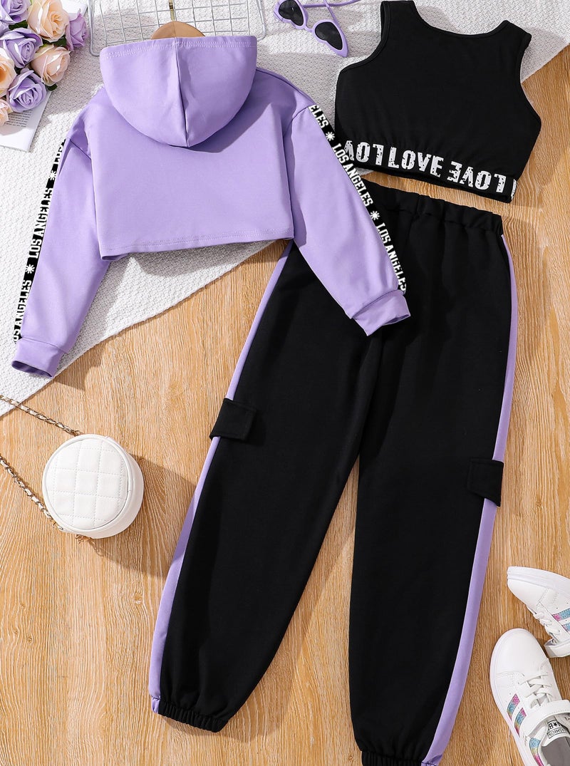 Hilinker Girls Graphic 3 Piece Outfits Workout Hoodie Crop Tank and Sweatpants Set Purple Black LA 13-14 Year - Image 2