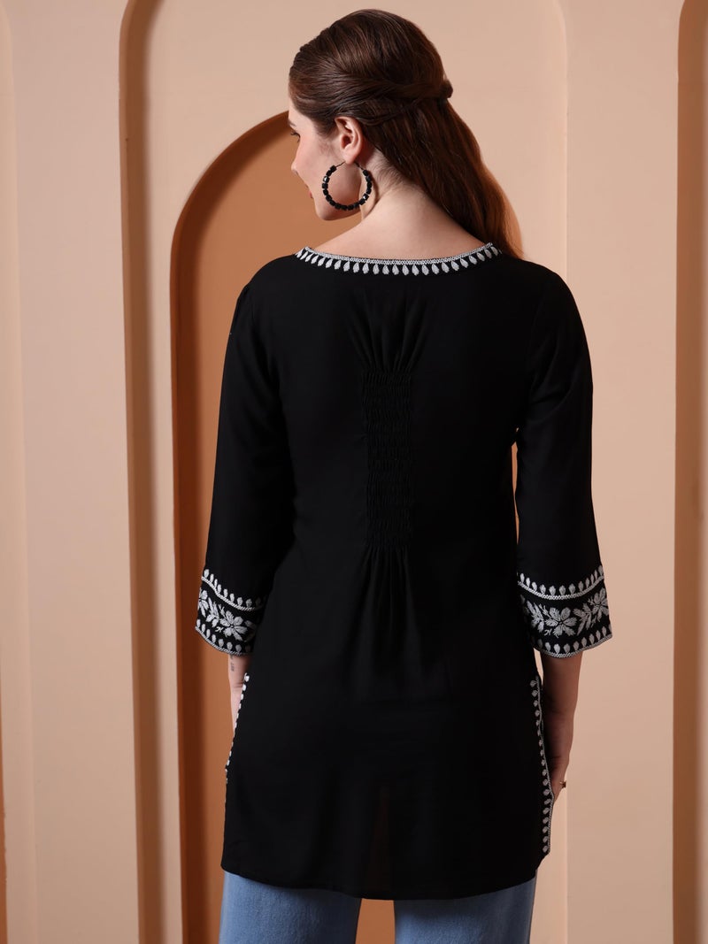 Yash Gallery Women’s Rayon Black Solid Short Kurti with Rubber Print 3/4 Sleeves & V-Neck – Stylish Casual Tunic Top with Side Slits & Smocked Back Detail for Ethnic Fusion Look - Image 4