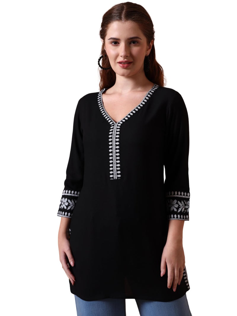 Yash Gallery Women’s Rayon Black Solid Short Kurti with Rubber Print 3/4 Sleeves & V-Neck – Stylish Casual Tunic Top with Side Slits & Smocked Back Detail for Ethnic Fusion Look - Image 1