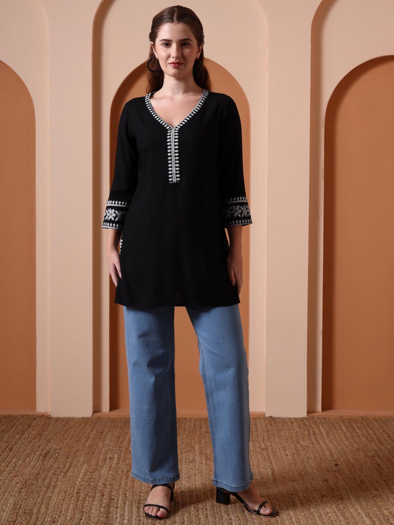 Yash Gallery Women’s Rayon Black Solid Short Kurti with Rubber Print 3/4 Sleeves & V-Neck – Stylish Casual Tunic Top with Side Slits & Smocked Back Detail for Ethnic Fusion Look - Image 2