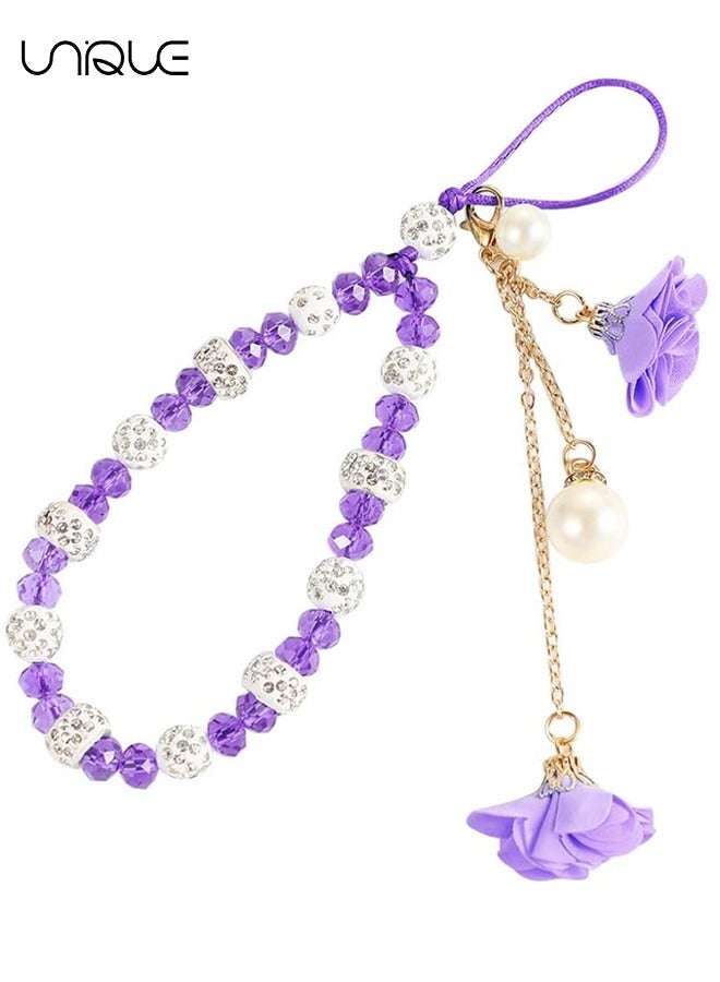 Unique Mobile Phone lanyard - Phone Strap - Glitter Phone Lanyard Wristband, Beaded Phone Strap Lanyard Color Universal Anti-Lost Phone Chain, Purple - Image 1